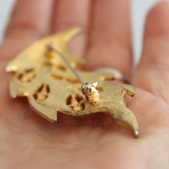 Vintage 1950s 1960s Brooch, Gold Tone Leaf with Rhinestone Clusters Cocktail Pin - Picture 5 of 10